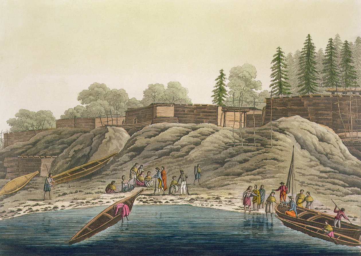 Nootka-indianer utbyter gåvor med europeiska upptäcktsresande eller valfångare, från 