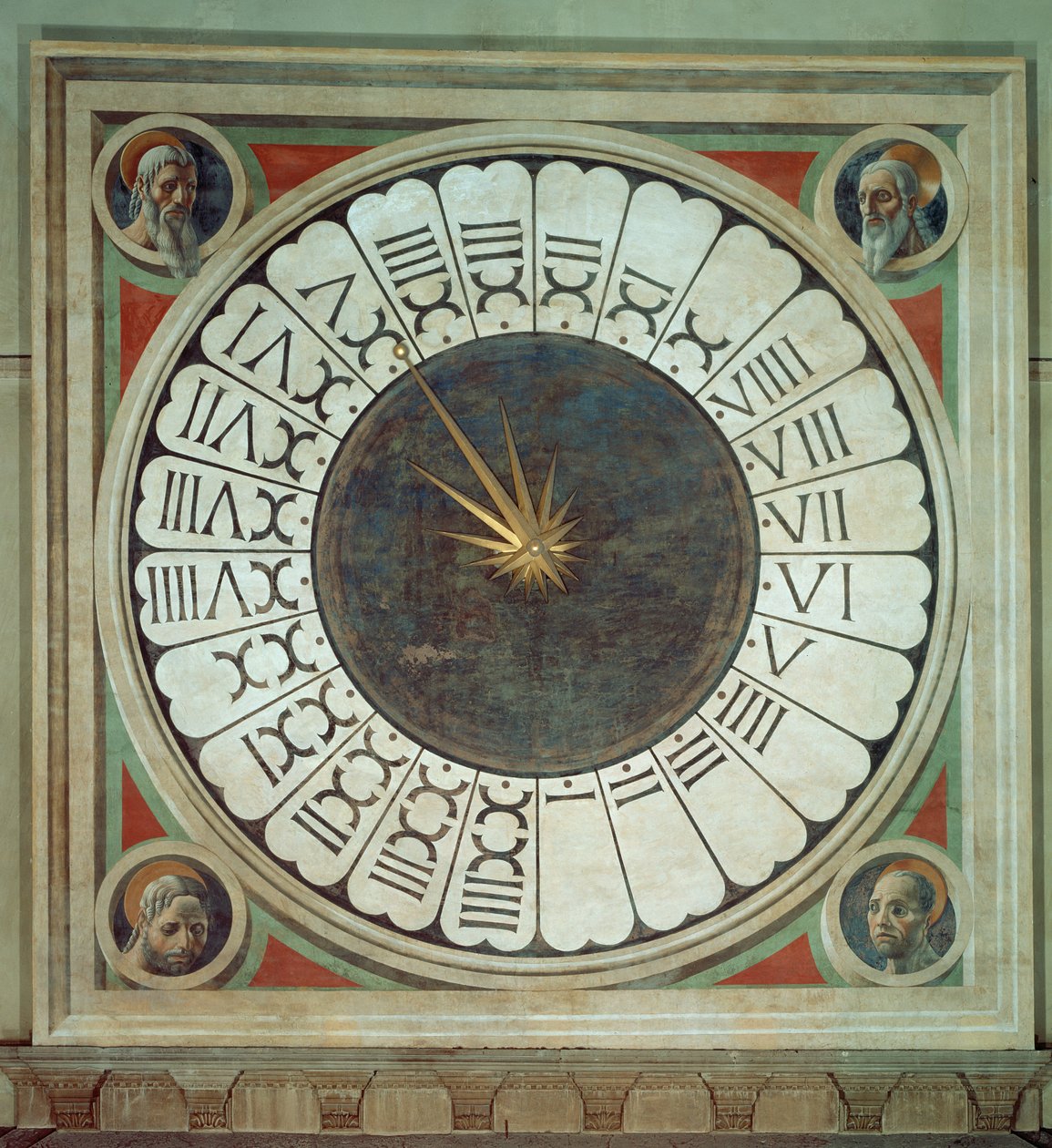 Kanonisk klocka med de fyra profeternas huvuden, färdigställd 1443 av Paolo Uccello