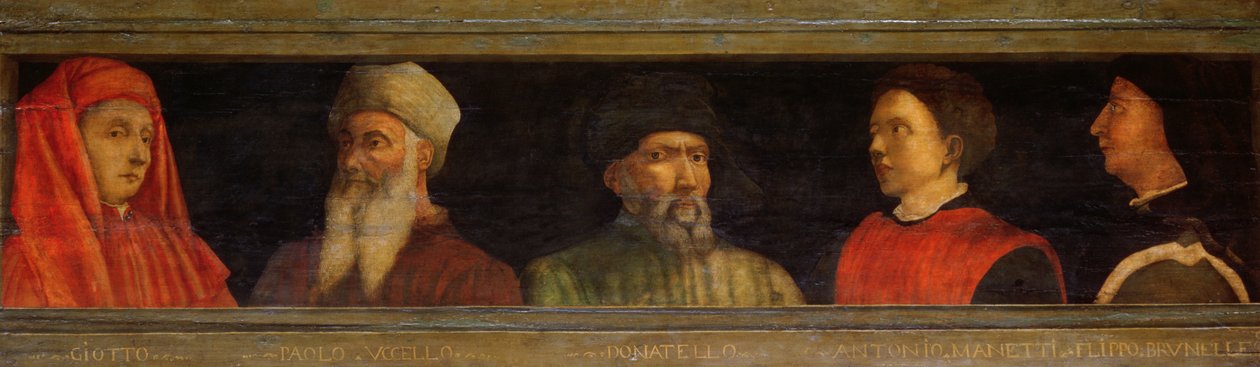 Porträtt av Giotto (ca 1266-1337) Uccello, Donatello (ca 1386-1466) Manetti (ca 1405-60) och Brunelleschi (1377-1446) (tempera på panel) av Paolo Uccello