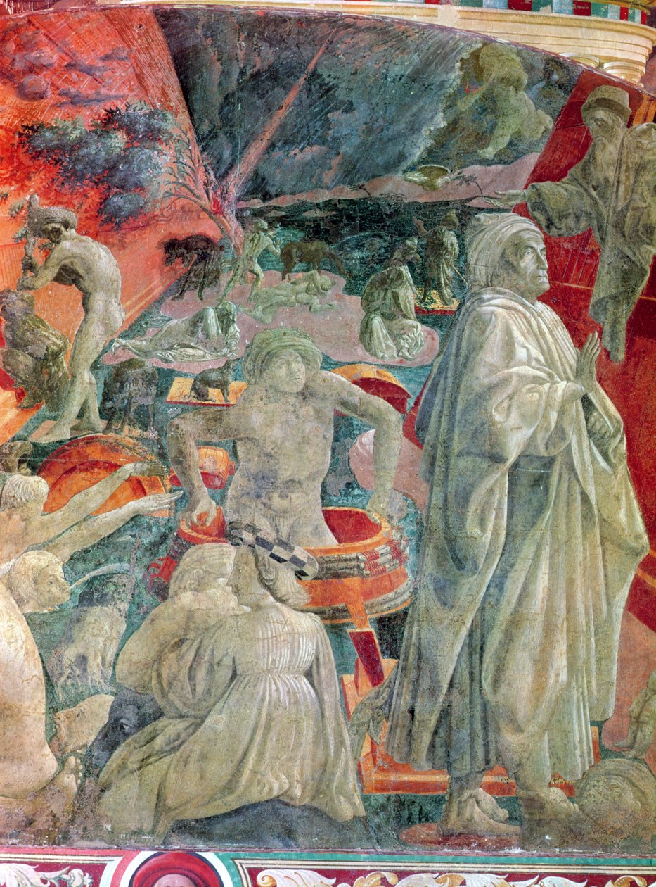 The Great Flood and the Retreat of the Water (detalj av mannen i en tunna och Noah), 1446-8 (fresk överförd till duk) av Paolo Uccello