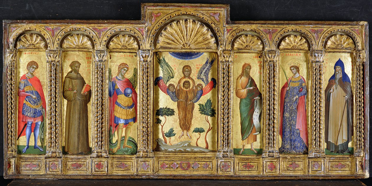 Triptych with Mary Magdalen holding the head of Christ, flanked by saints, (tempera on panel) av Paolo Veneziano