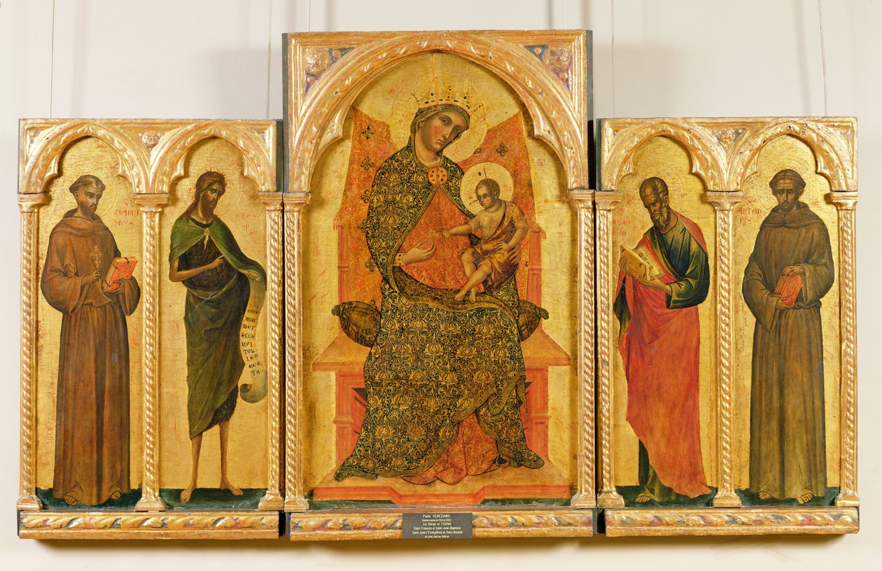 Jungfru och barn med den helige Franciskus, Johannes döparen, Johannes evangelisten, den helige Antonius av Padua, 1354 (tempera på panelen) av Paolo Veneziano