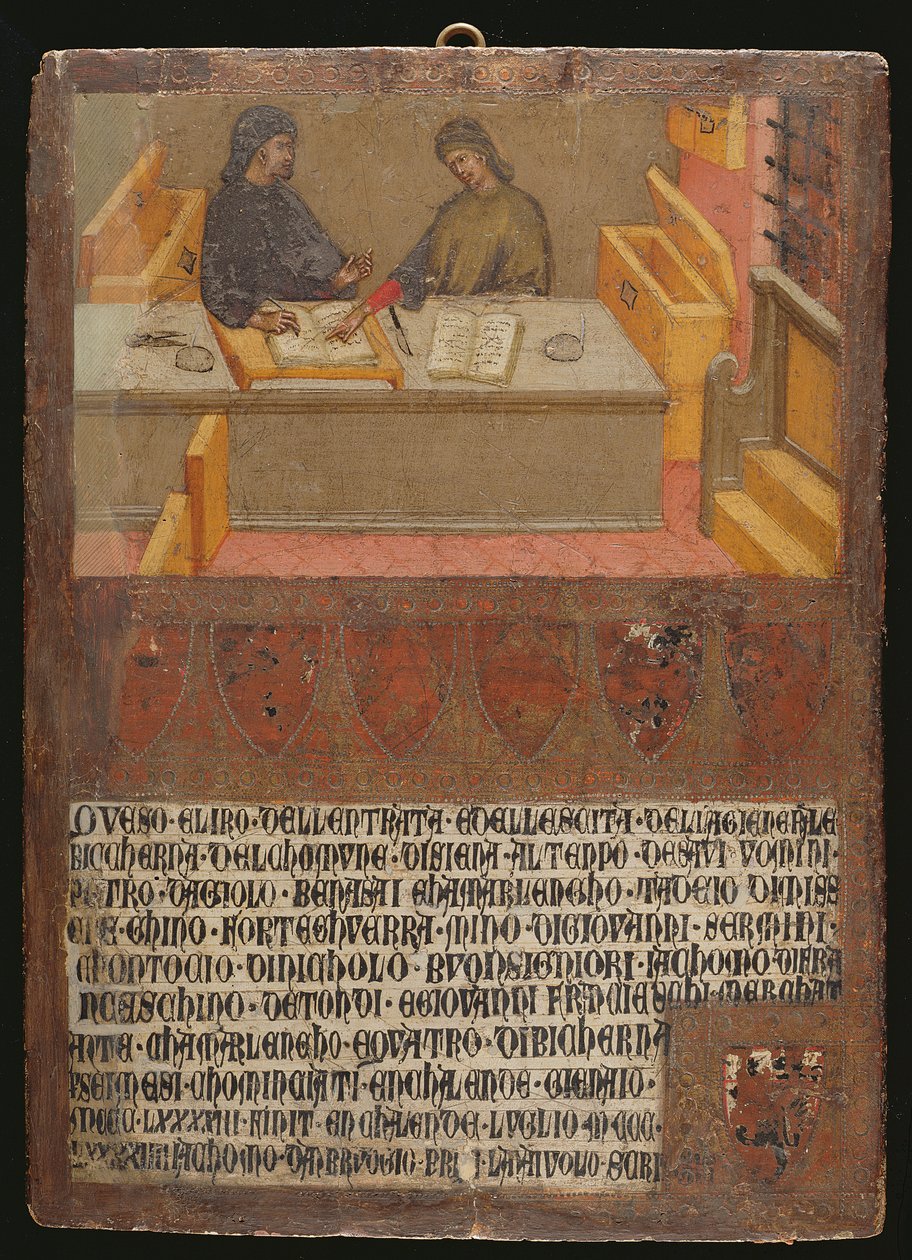 Ekonomichef och skribent vid sitt skrivbord i Biccerna (revenue office) (tempera på panel) av Paolo di Giovanni Fei