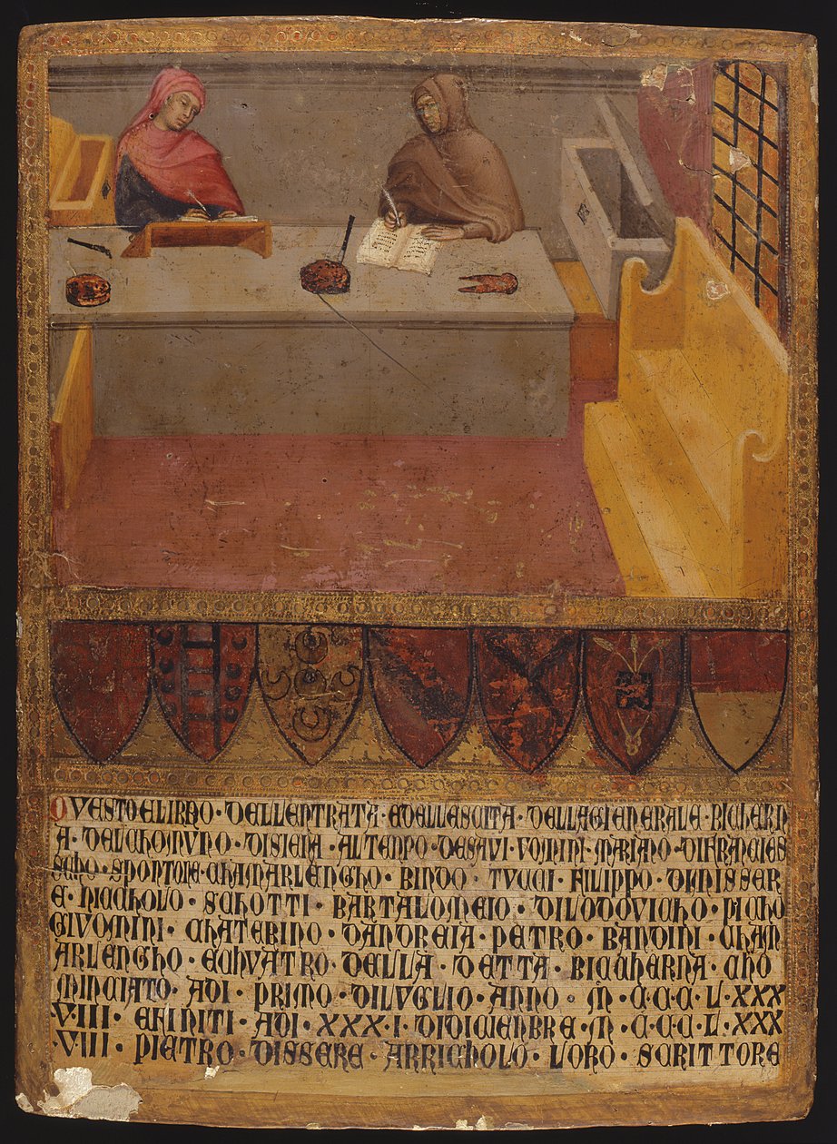 Ekonomichef och skribent vid deras skrivbord i Biccerna (revenue office) (tempera på panel) av Paolo di Giovanni Fei