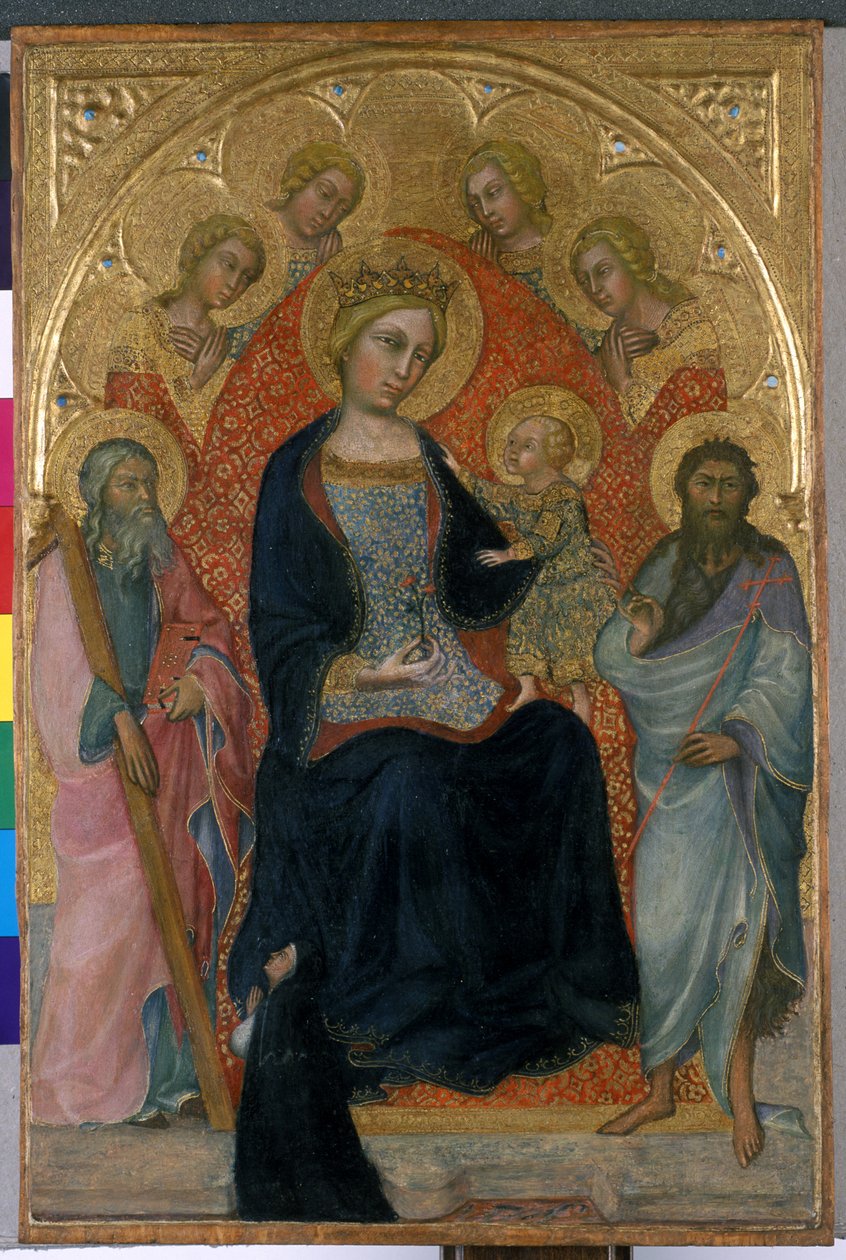 Tronande Madonna och barn med fyra änglar, två helgon och en välgörare, ca 1400 (tempera på trä) av Paolo di Giovanni Fei