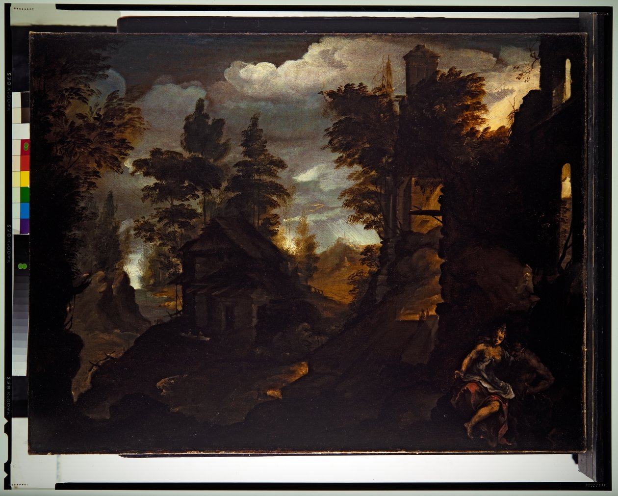 En nymf och en satyr vid en byggnadsruin i ett stenigt skogslandskap av Paolo (1540 96) Fiammingo