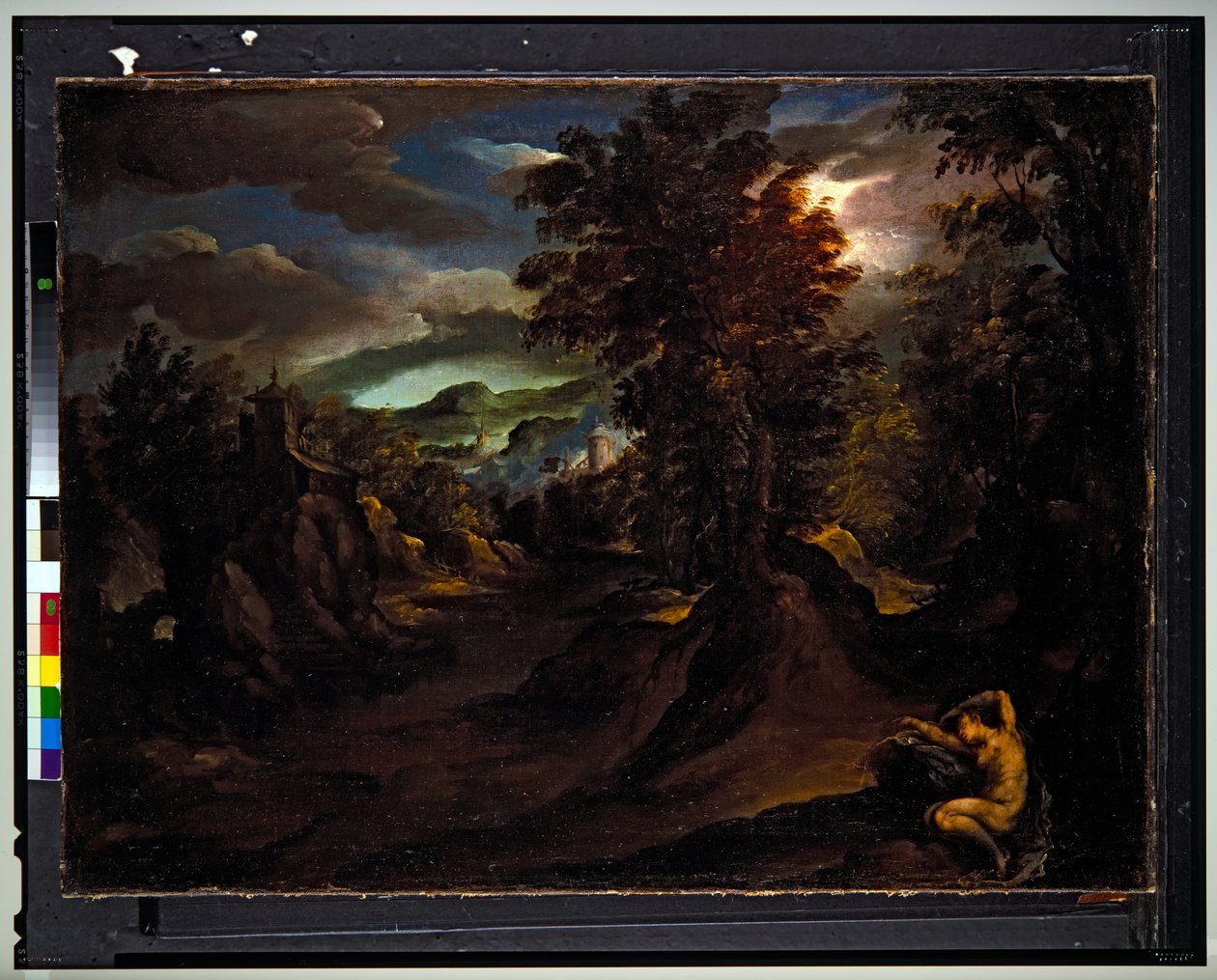 Ett trädbevuxet bergslandskap med Antiope som sover av Paolo (1540 96) Fiammingo