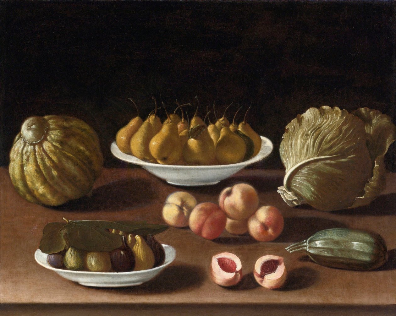 ""Stilleben med päron, persikor, fikon, melonkål och squash"" (Stilleben med päron, persikor, fikon, en melon, kål och märg) Målning av Paolo Antonio Barbieri (1603-1649) Olja på duk, 76, 5x94 - Privat samling av Paolo Antonio Barbieri