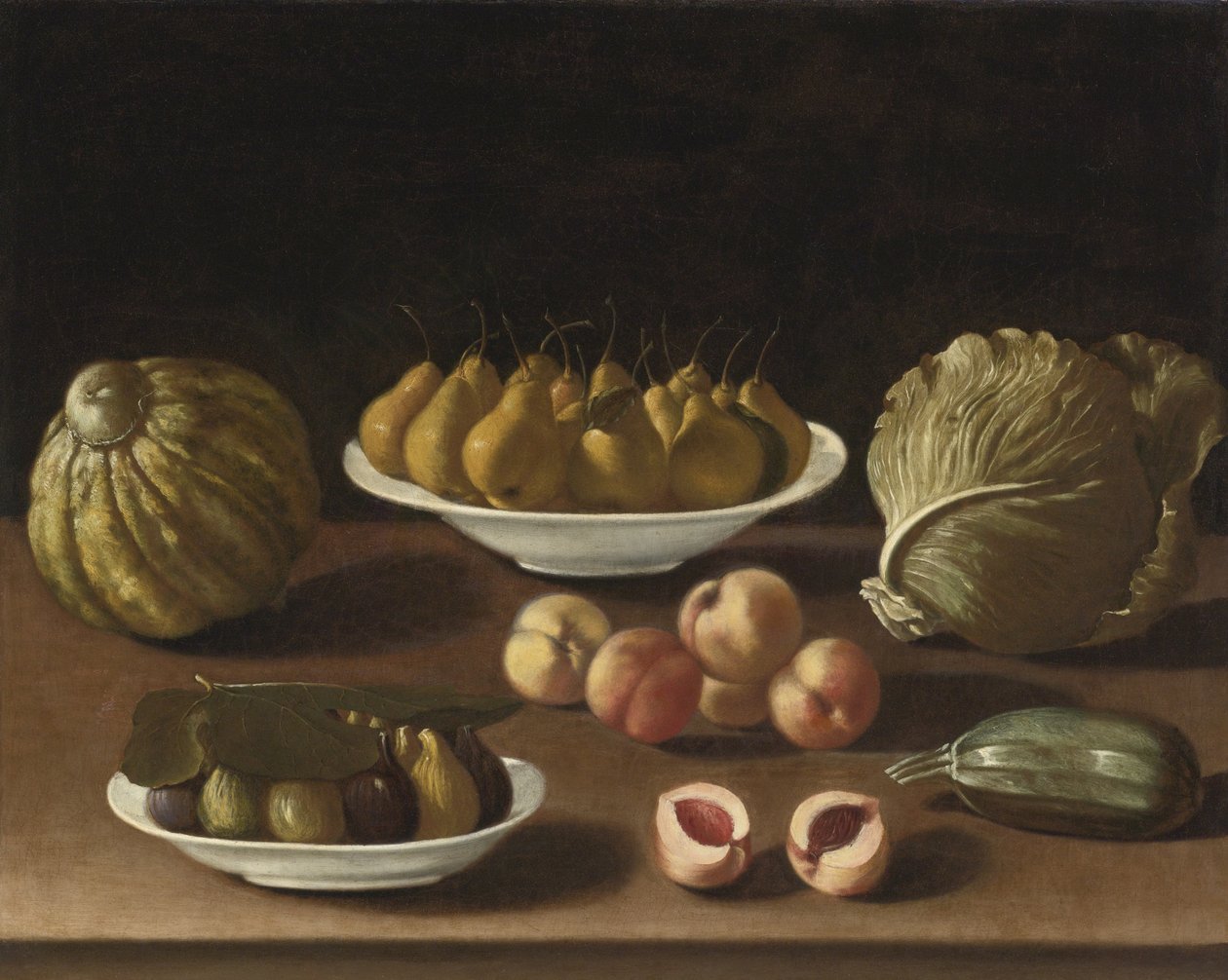 Stilleben med päron, persikor, fikon, en melon, kål och märg av Paolo Antonio Barbieri