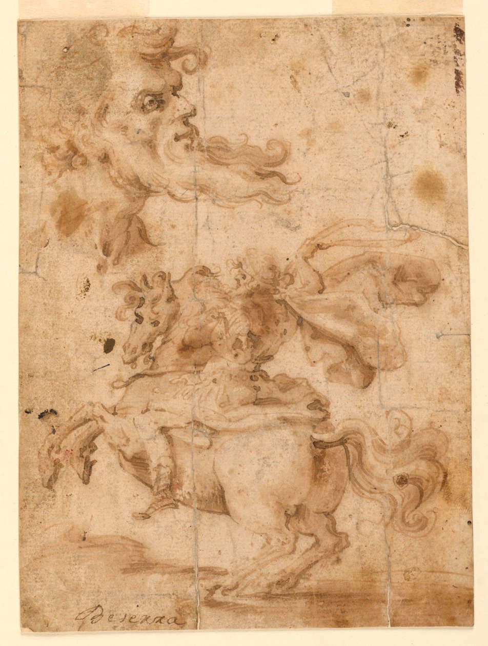 Teckning, Huvudet av en skäggig man, en man till häst, ca 1650 av Paolo Emilio Besenzi