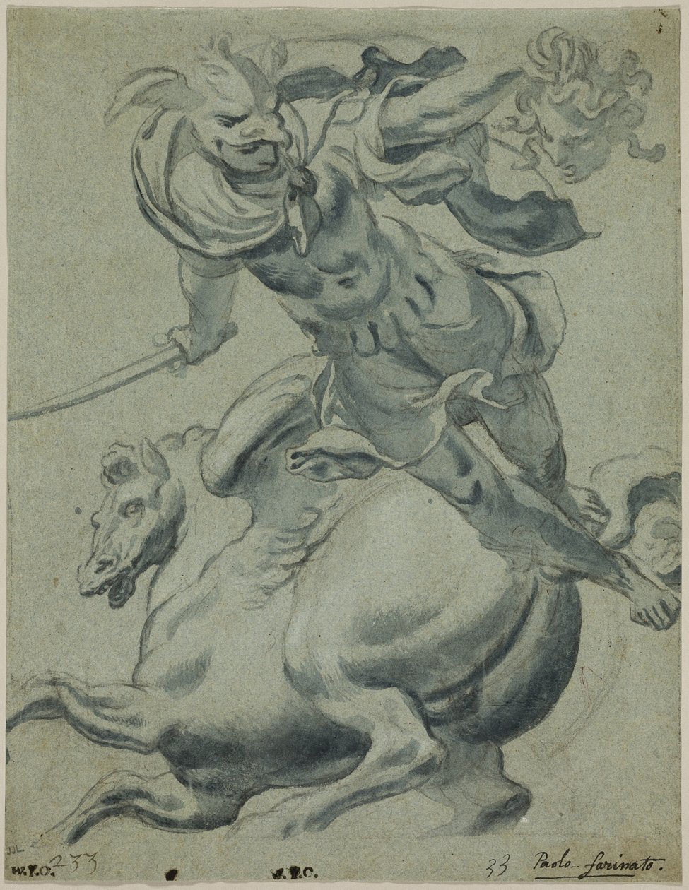 Perseus håller Medusas huvud, med Pegasus i bakgrunden av Paolo Farinati