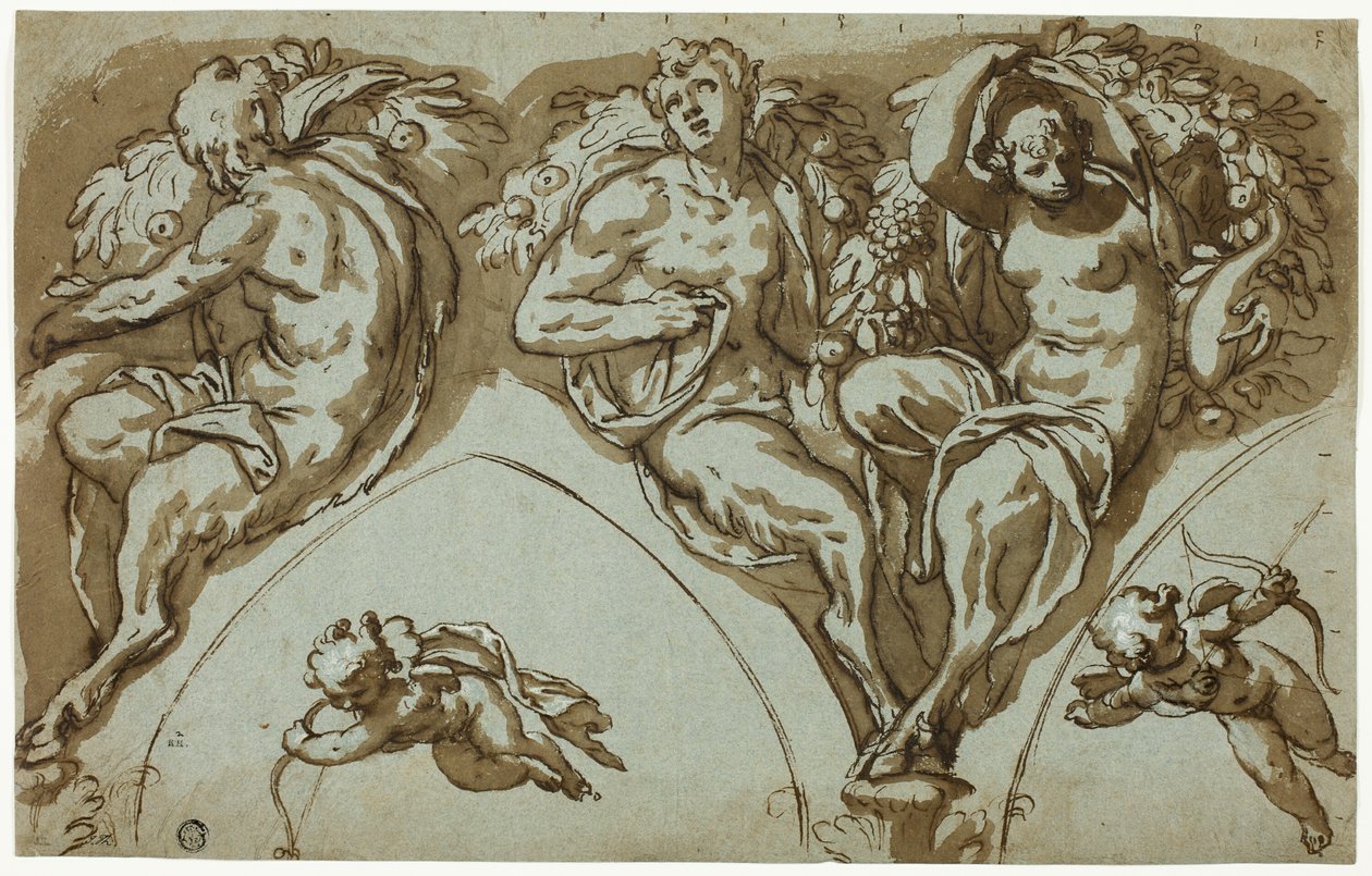 Studie till spandreldekoration med satyrinna, satyrer och putti (recto); Puttohuvud (verso) av Paolo Farinati