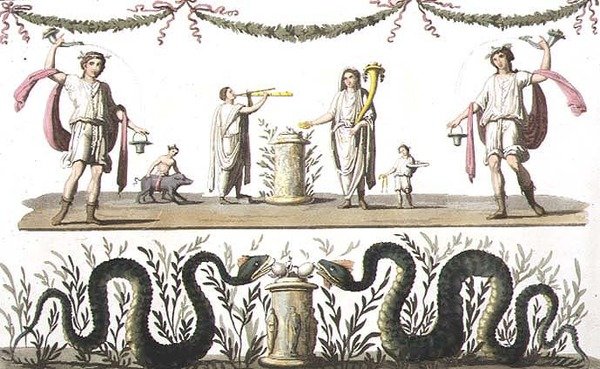 Fresker från larariumet i ett privat hus i Pompeji, från "Le Costume Ancien et Moderne" av Jules Ferrario, publicerad på 1820-30-talen (färglitografi). av Paolo Fumagalli