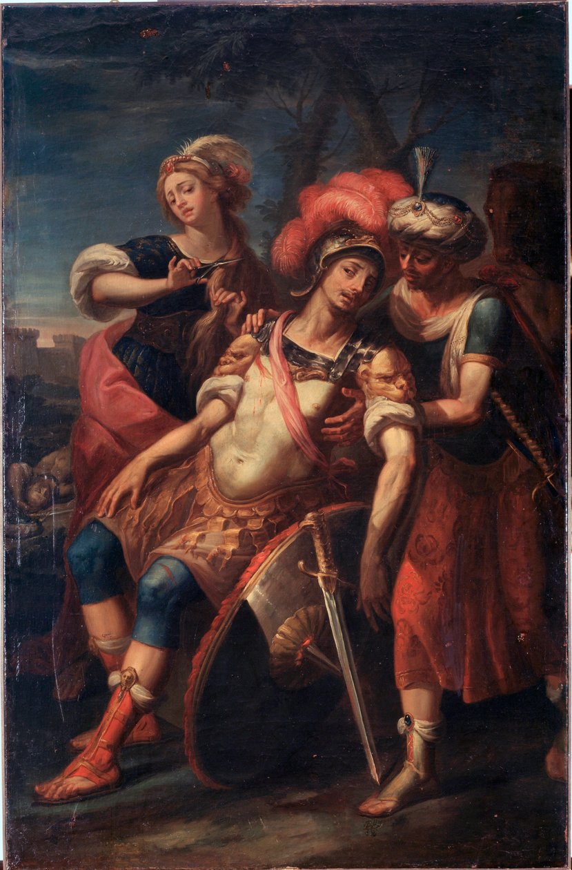 Erminia och Vafrino upptäcker den sårade Tancrede (sång 19 från Jerusalem Delivered by Torquato Tasso) (olja på duk av Paolo Girolamo Brusco