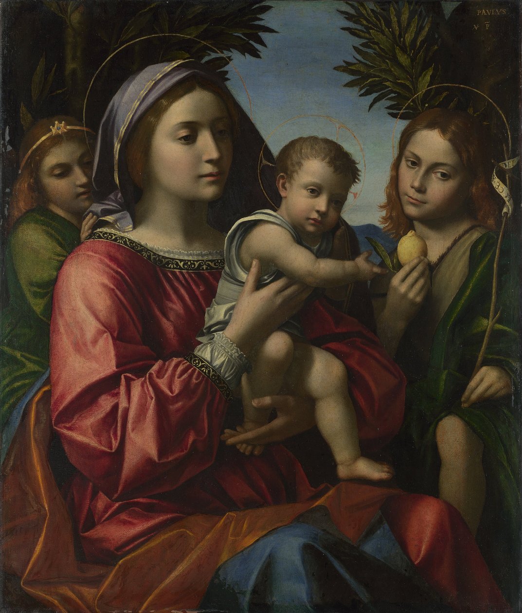 Jungfrun och barnet med baptisten och en ängel, ca. 1516 av Paolo Morando