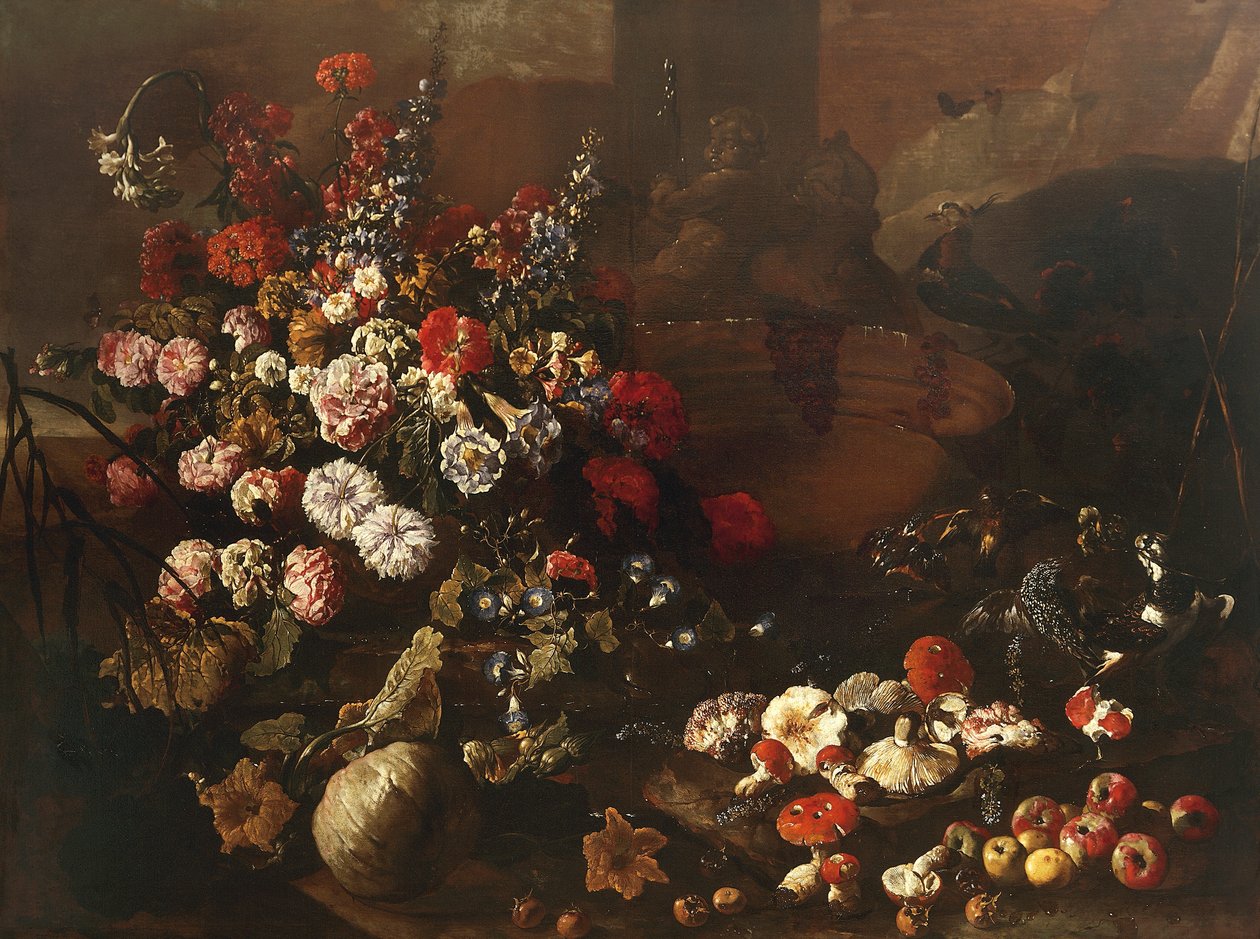 Stilleben med blommor, frukt, svamp och fåglar (olja på duk) av Paolo Porpora