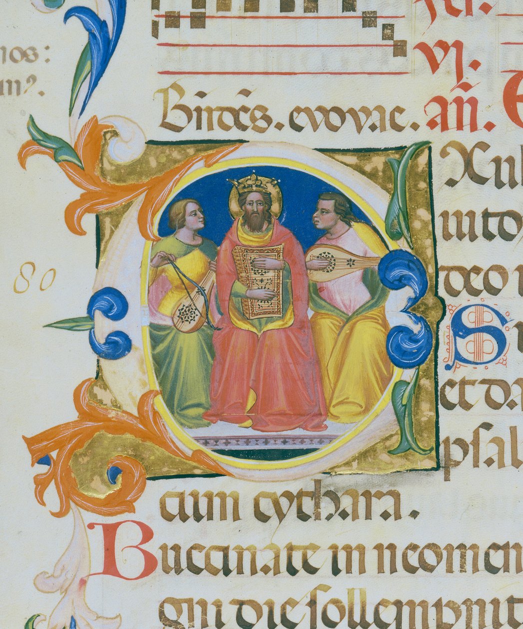 Kung David spelar ett psalterium, miniatyr av Paolo Soldini, detalj i en psalmbok av Paolo Soldini