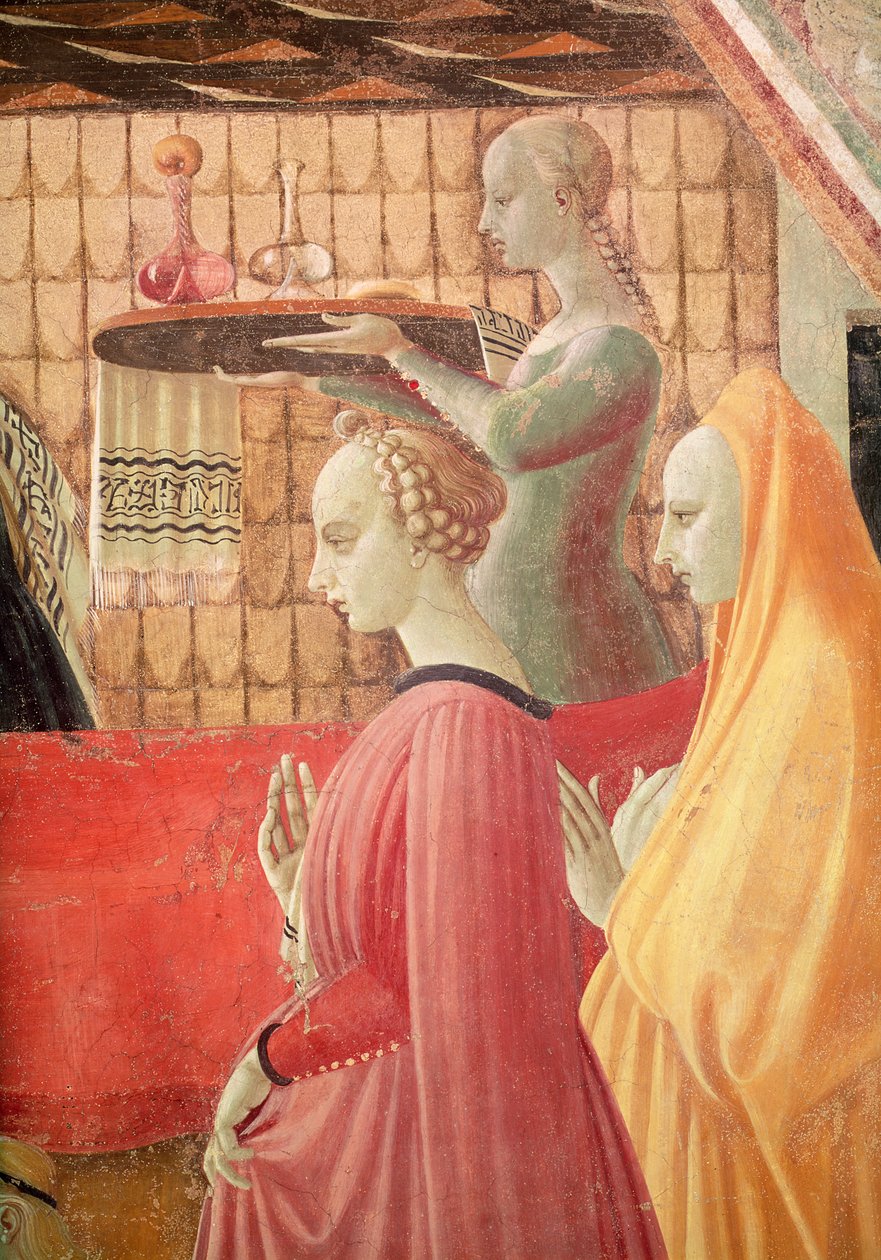Jungfruns födelse, detalj av en tjänare och två skötare, 1440 fresk se även 85550 av Paolo Uccello