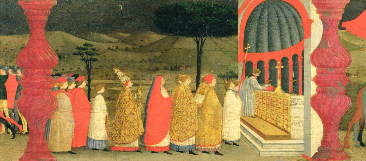 Predella av profanering av värdshuset: Påven som återför den vigda värdshuset till altaret, ca 1468 (tempera på panel) (detalj) av Paolo Uccello