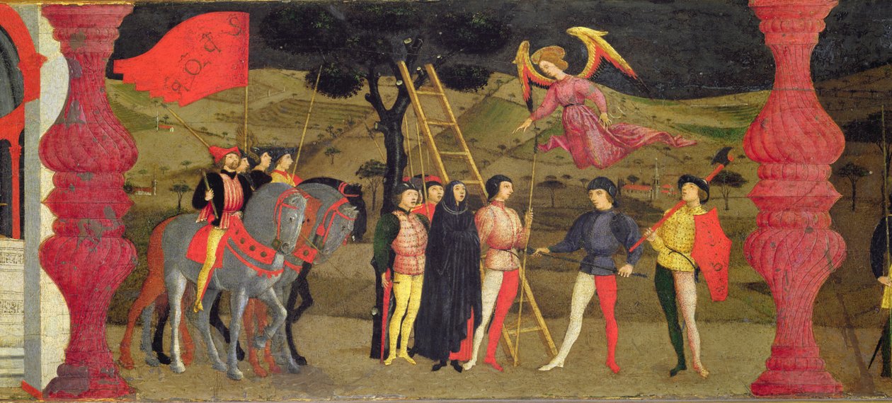 Predella av profanering av värdshuset: Den ångerfulla kristna kvinnan hängs för att ha pantsatt den invigda värdshuset, ca 1468 (tempera på panel) (detalj) av Paolo Uccello