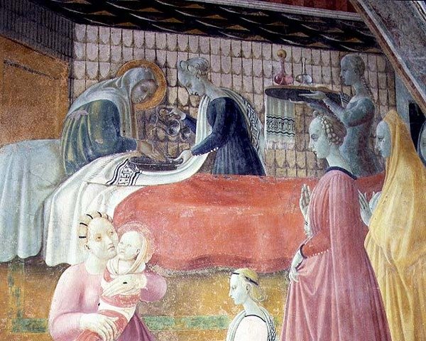 Jungfruns födelse, detalj från cykeln The Lives of The Virgin och St. Stephen, från Cappella dell"Assunta av Paolo Uccello