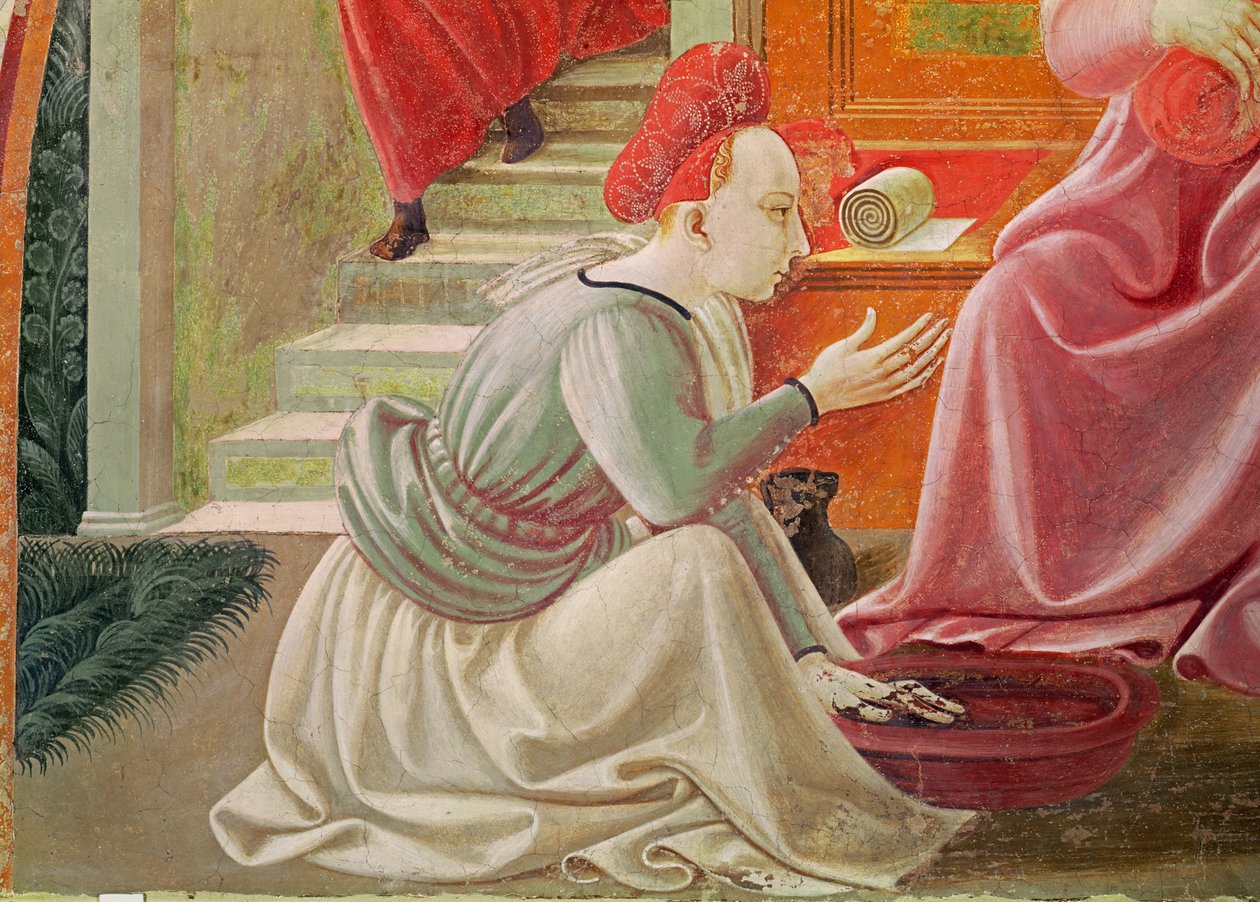 Jungfruns födelse, detalj av en sittande tjänstebiträde, från freskcykeln av Jungfruns liv och St. Stephen från Cappella dellAssunta kapell av Assumption 1433-34 fresk av Paolo Uccello