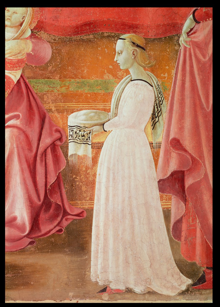 Jungfruns födelse, detalj av en stående tjänarinna från freskcykeln av Jungfruns och St. Stefans liv, från freskmålningen Cappella dellAssunta kapellet i Assumption 1433-34 av Paolo Uccello