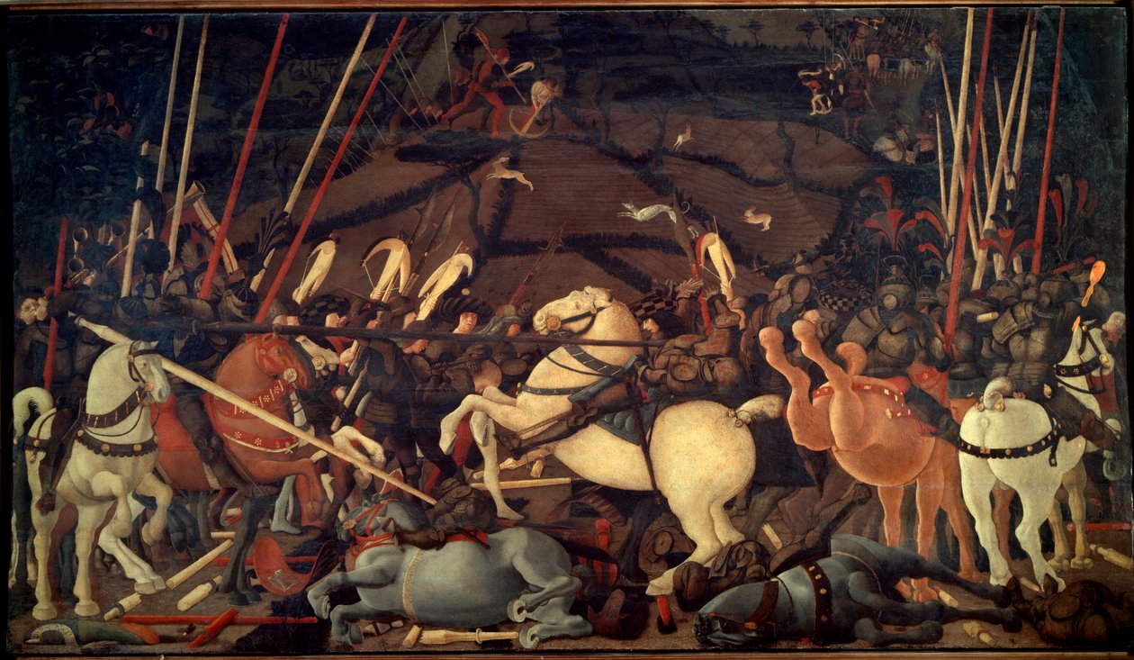 Deroute de San Romano (slaget vid San Romano) 1432. Tredje avsnittet: Bernardino della Ciardas nederlag. Målning av Paolo di Dono dit Paolo Uccello (1397-1475) av Paolo Uccello