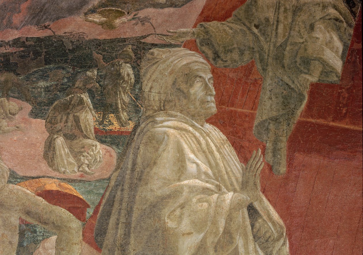 Vattnets översvämning och sänkning och Noas offer och fylleri, detalj av en bedjande figur, fresk med lunette av Paolo Uccello