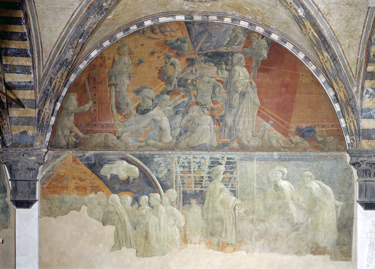 Översvämningen och vattnets sänkning (övre delen) Noaks offer och fylleri (nedre delen) lunette (för detaljer se 123196) av Paolo Uccello