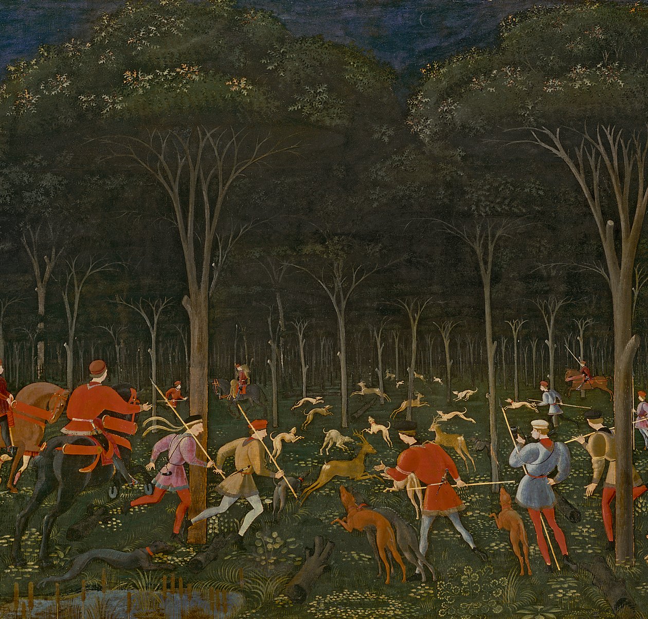 Jakten i skogen, c.1465-70 olja på paneldetalj av 100861 av Paolo Uccello