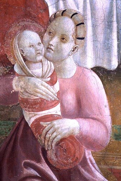 The Lives of The Virgin och St. Stephen, detalj som visar en mor och ett barn, från Cappella dell"Assunta av Paolo Uccello