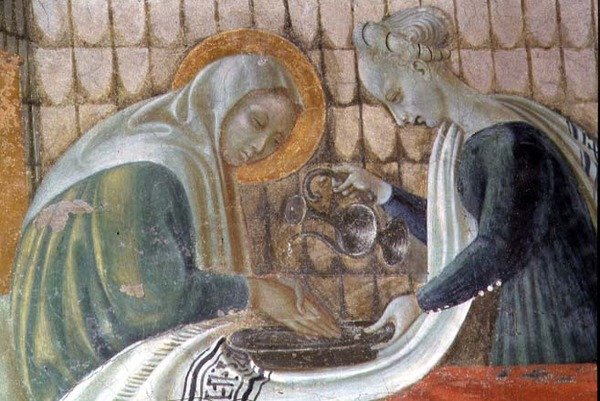Jungfruns födelse, detalj som visar St. Anne som tvättar sina händer, från Assumptionskapellet, 1433-34 av Paolo Uccello