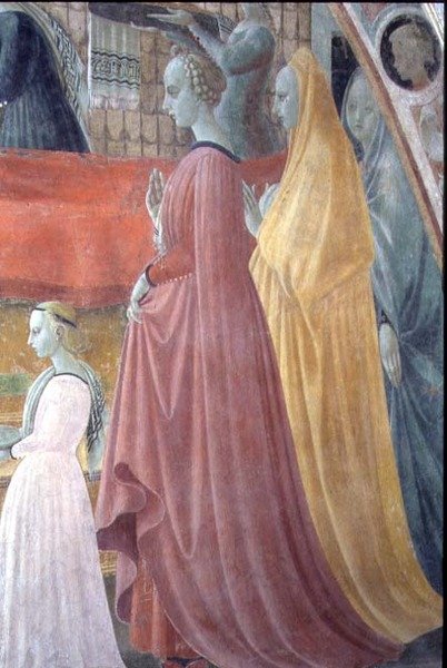 Jungfruns födelse, detalj som visar kvinnorna i donatorfamiljen, från antagandets kapell av Paolo Uccello