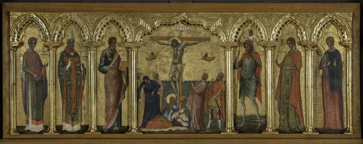St Stratonicus, St Hermolaus, St Matthew, St Cristopher, St Thecla and St Abundius, Polyptyk av korsfästelsen med heliga av Paolo Veneziano