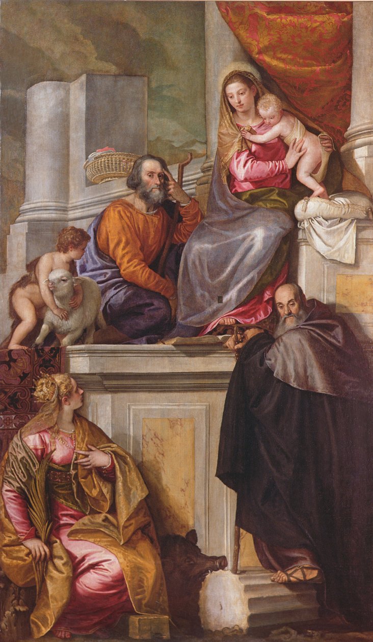 Den heliga familjen med St. Johannes Döparen, St. Anthony Abbot och St. Catherine, 1551 av Paolo Veronese