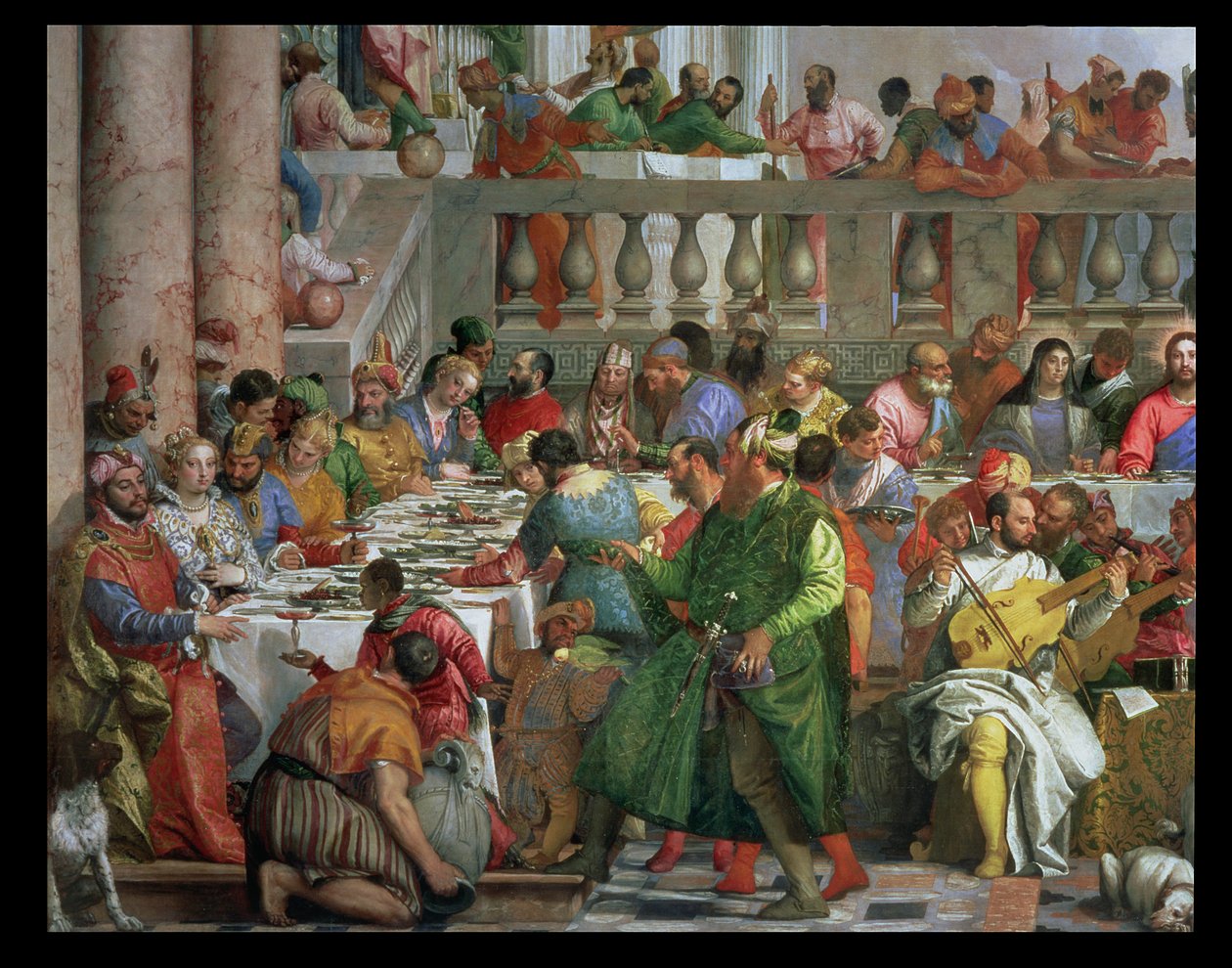 Bröllopsfesten i Cana, detalj av bankettbord med man i grön dräkt och dvärg med en papegoja, c.1562 olja på duk detalj av 94932 av Paolo Veronese