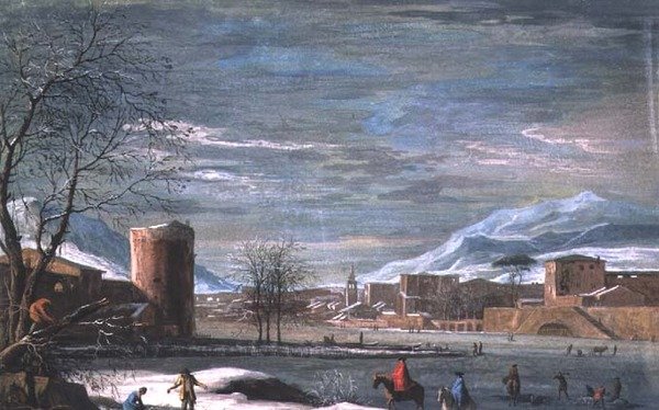 Vinterlandskap (tempera på läder) av Paolo de (attr.) Filippi