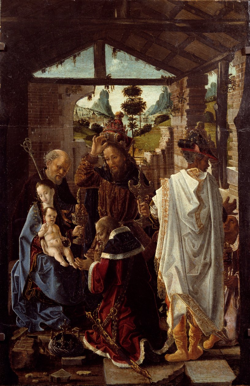 Tillbedjan av Magi. (olja på trä, cirka 1582) av Paolo de San Leocadio