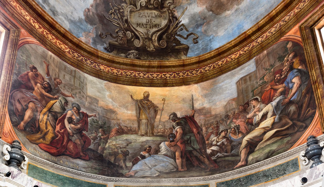 Fresker av Paolo de Matteis daterade 1714 på valvet och på trumman, som skildrar helgonets liv, San Cataldo-kapellet i katedralen, Taranto, Italien (foto) av Paolo di Matteis