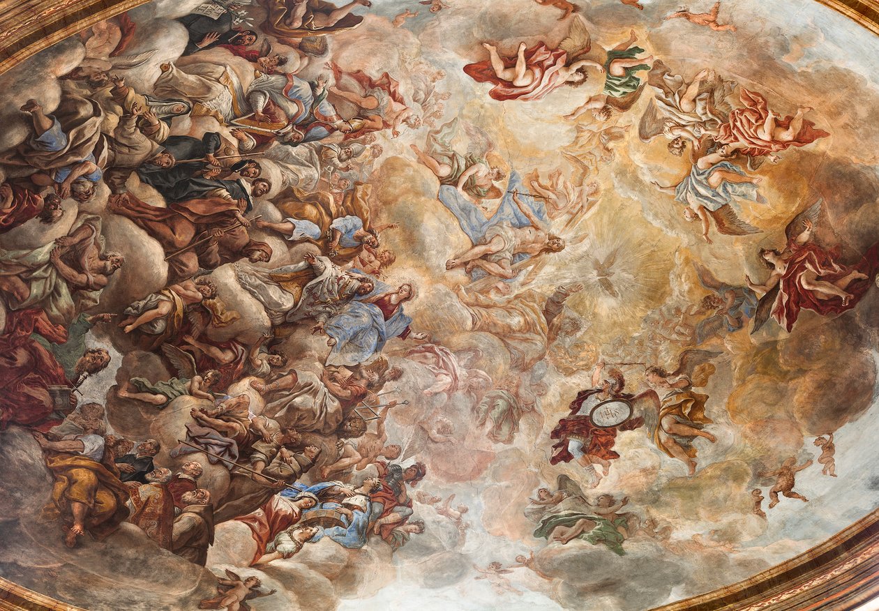 Fresker av Paolo de Matteis daterade 1714 på valvet och på trumman, som skildrar helgonets liv, San Cataldo-kapellet i katedralen, Taranto, Italien (foto) av Paolo di Matteis