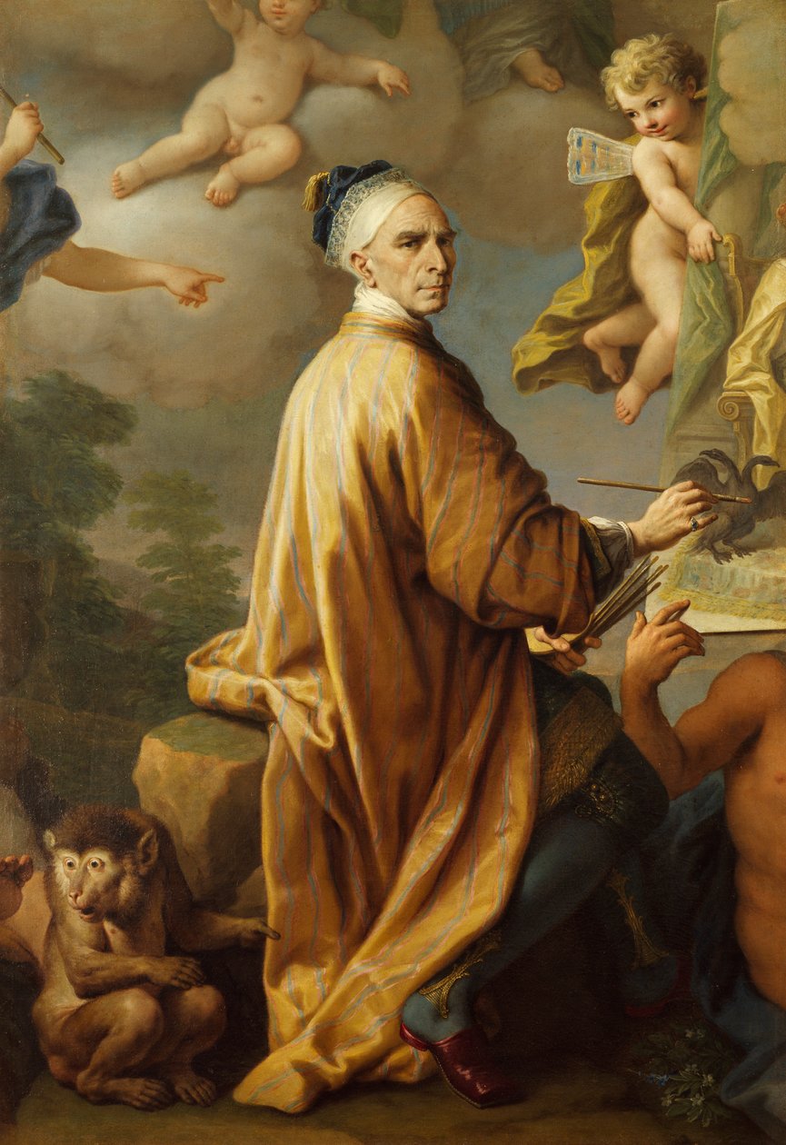 Självporträtt, medan man målar freden i Rastadt, av Paolo de Matteis (1662-1728), olja på duk av Paolo di Matteis