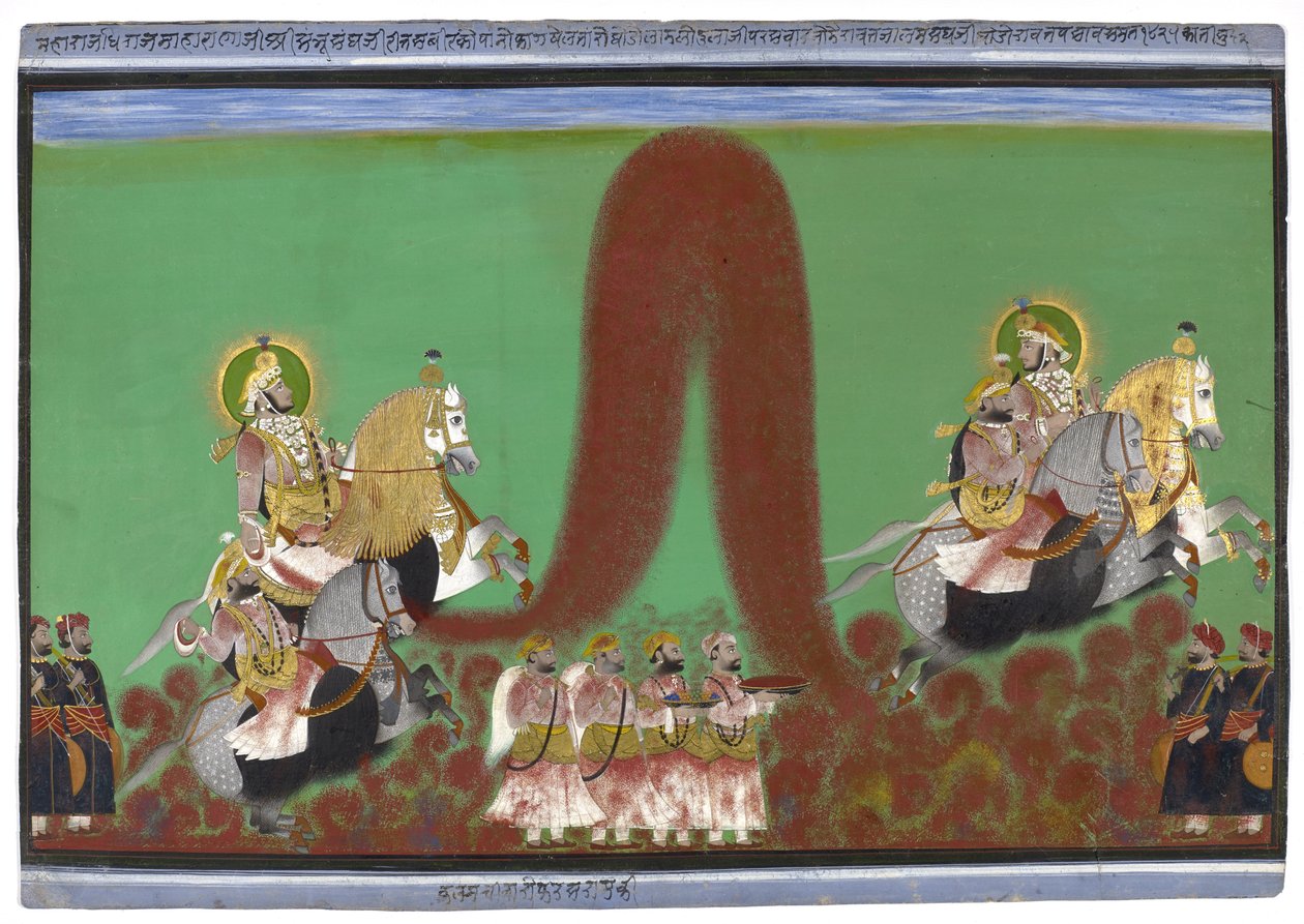 Maharana Shambhu Singh från Mewar Playing Holi, 1868-69 (gouache med guld på papper) av Parasuram Parasuram