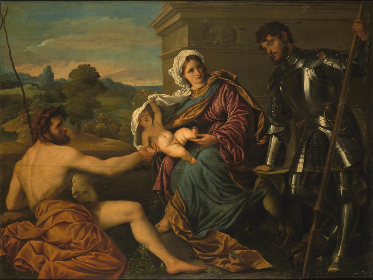Madonna och barn med Saint John the Baptist och Saint George (Holy Conversation) av Paris Bordone