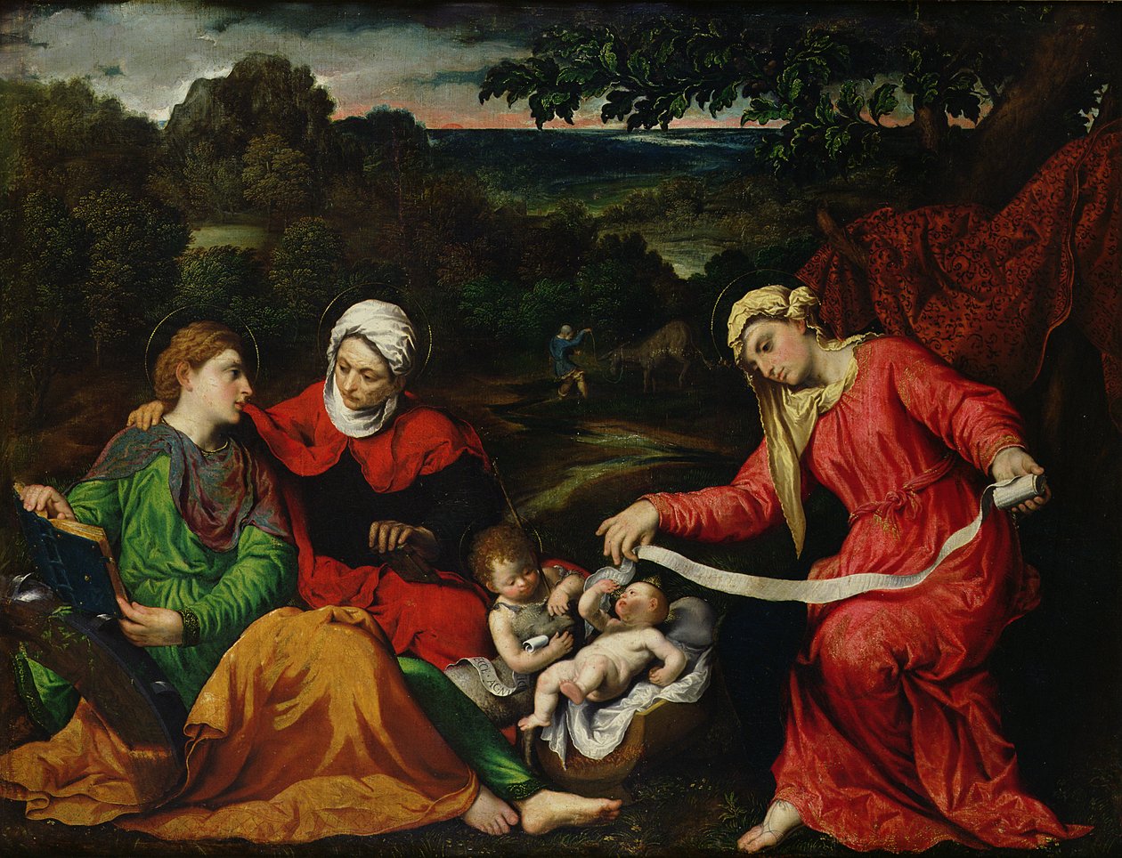 Vila på flykten till Egypten med St. Johannes Döparen, St. Elizabeth och St. Catherine c.1545 av Paris Bordone