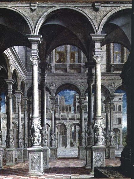 Bebådelsen, detalj av arkitektur, 1545-50 (detalj av 89723) av Paris Bordone