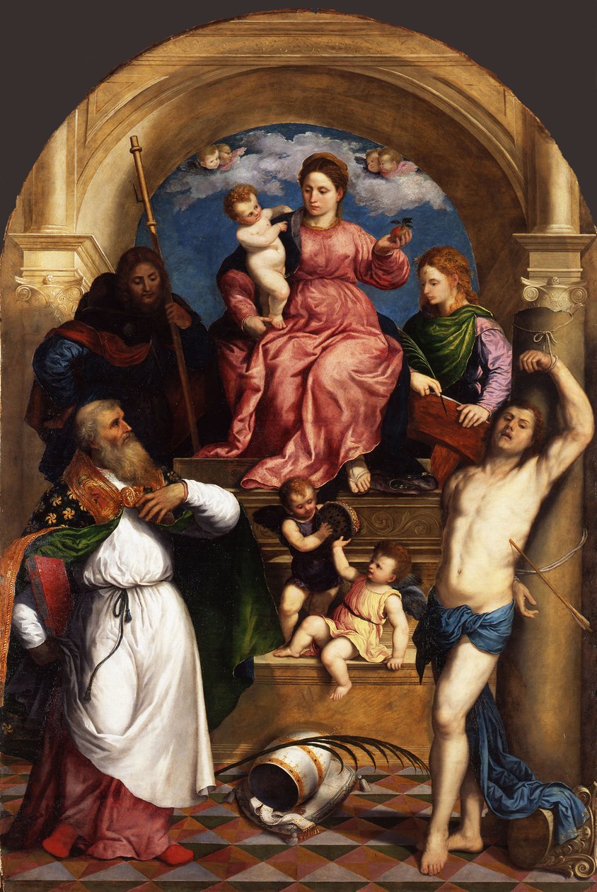 Madonna på tronen med barn och heliga, ca 1530 av Paris Bordone