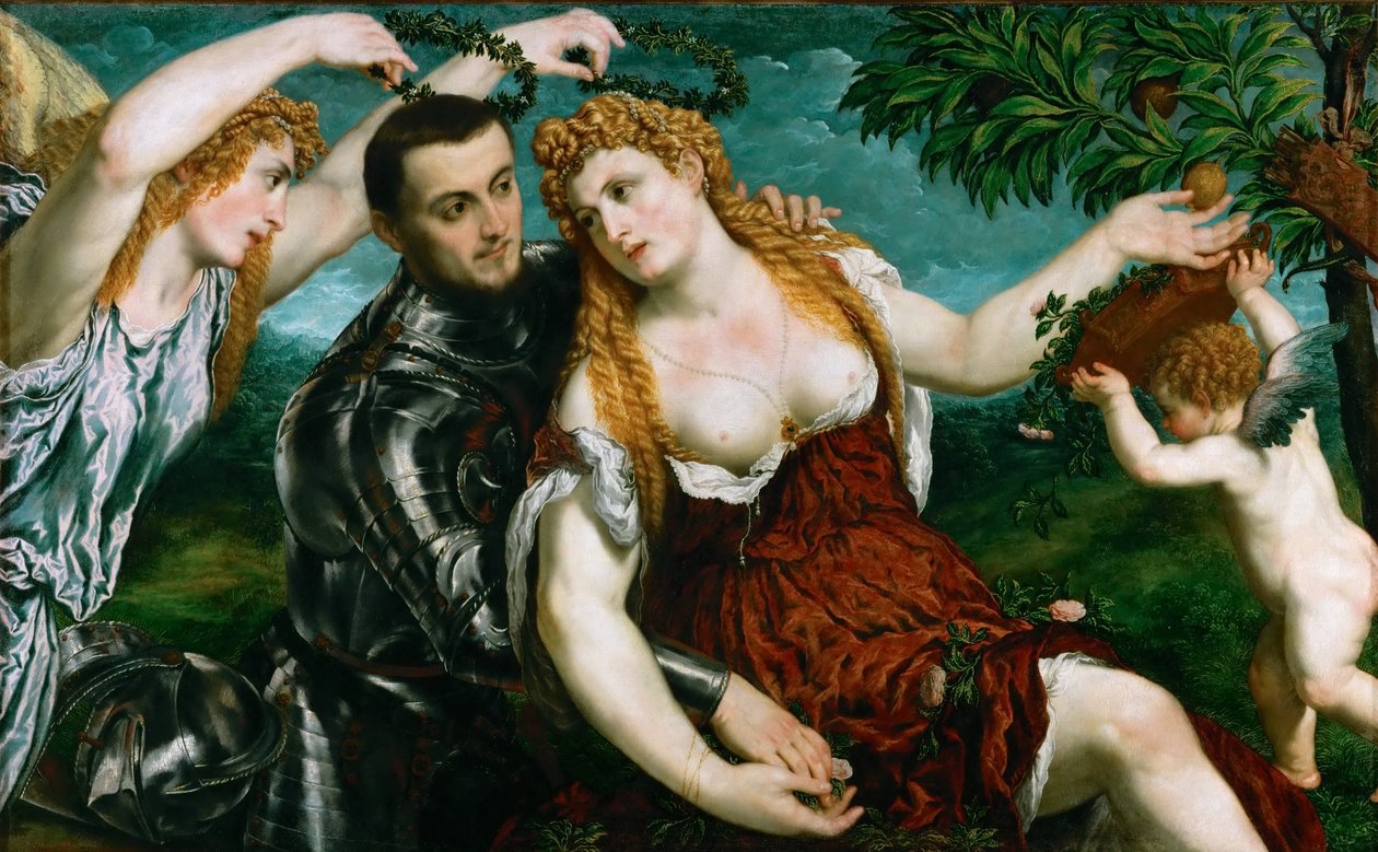 Tyska: Allegorie (Mars, Venus, Victoria und Cupido) Allegori (Mars, Venus, Victoria och Cupido) av Paris Bordone