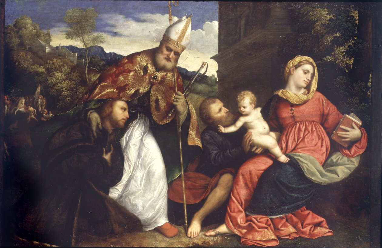 Helig familj med den helige Ambrosius som presenterar en donator, ca 1525 (olja på panel) av Paris Bordone