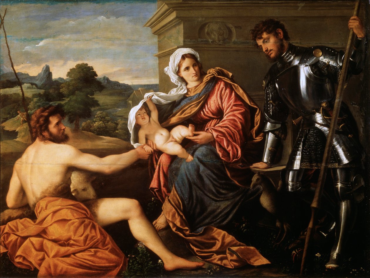 Madonna och barn, Johannes Döparen och Sankt Georg, tidigt 1530-tal av Paris Bordone